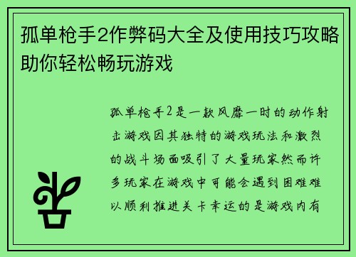 孤单枪手2作弊码大全及使用技巧攻略助你轻松畅玩游戏